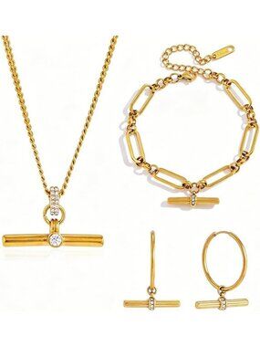 Waterproof Gold Heart Pendant T-Bar Necklace Set for Women - Stylish & Durable